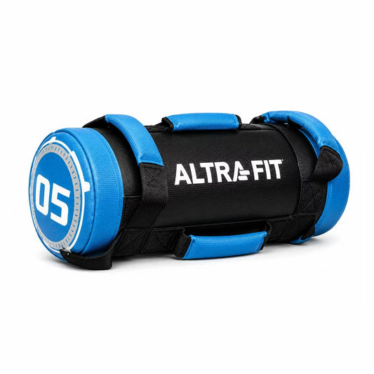 Black Altrafit heavy duty power bag with multiple red nylon grip handles placed on a dark gym floor.