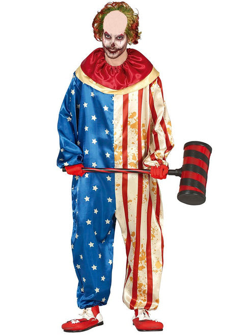 Front view of the vibrant red, white, and blue American Clown adult costume featuring star patterns and a ruffled collar on a plain studio background.