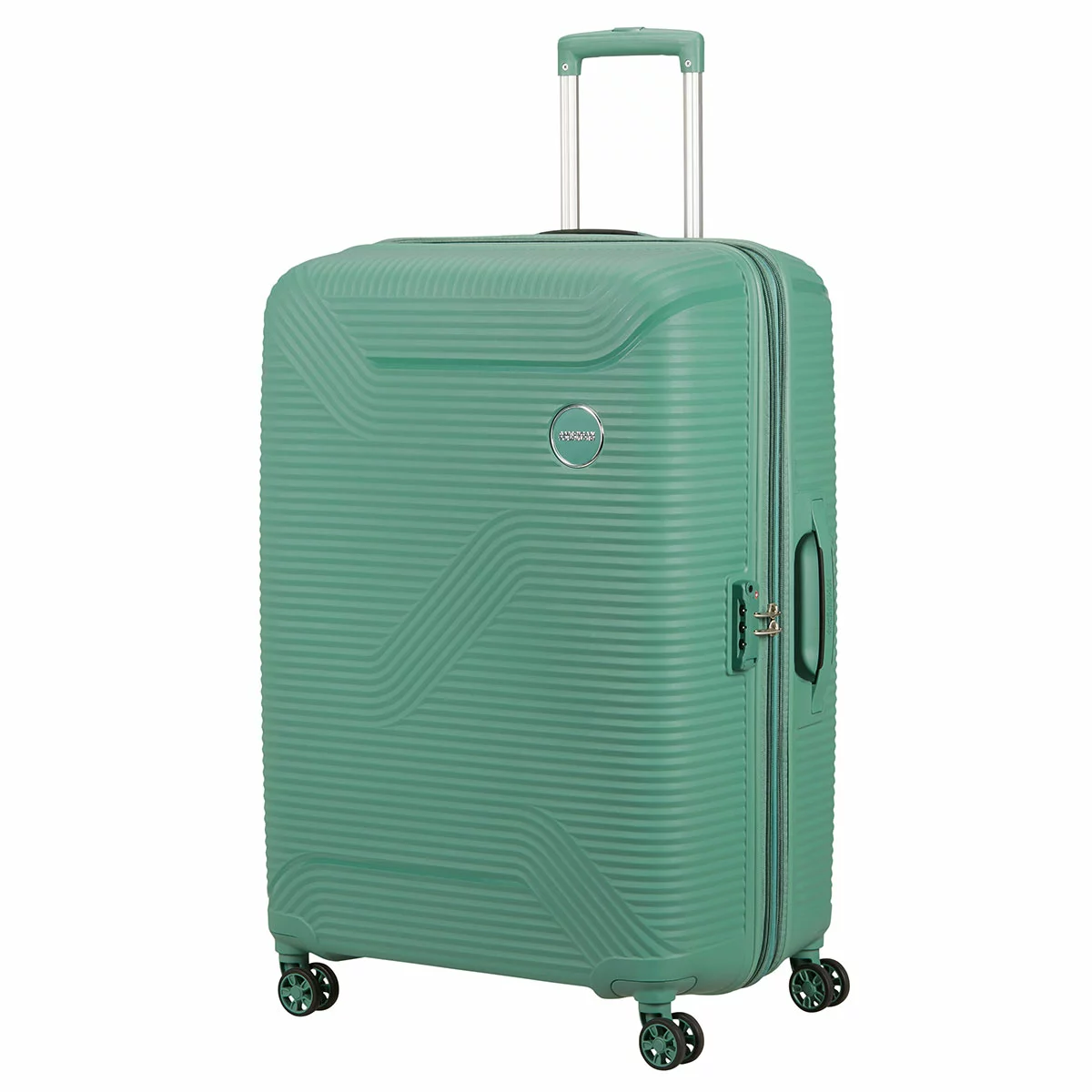 Front three-quarter view of the American Tourister Bonjoy 79cm hardside spinner case in Sage Green showcasing its textured polypropylene shell, chrome logo, and double spinner wheels.