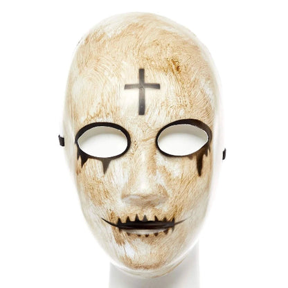 An Amscan horror cross design adults Halloween mask featuring striking dark details and a secure strap, displayed against a moody background.