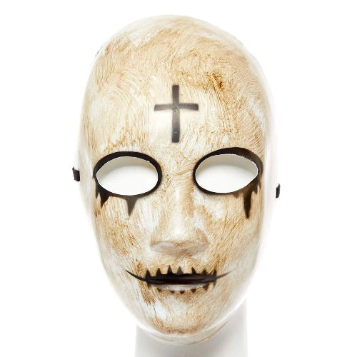 An Amscan horror cross design adults Halloween mask featuring striking dark details and a secure strap, displayed against a moody background.