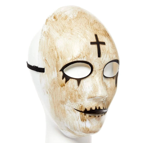 An Amscan horror cross design adults Halloween mask featuring striking dark details and a secure strap, displayed against a moody background.