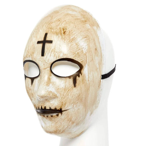 An Amscan horror cross design adults Halloween mask featuring striking dark details and a secure strap, displayed against a moody background.