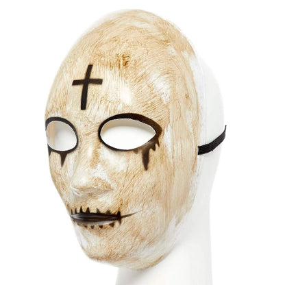 An Amscan horror cross design adults Halloween mask featuring striking dark details and a secure strap, displayed against a moody background.