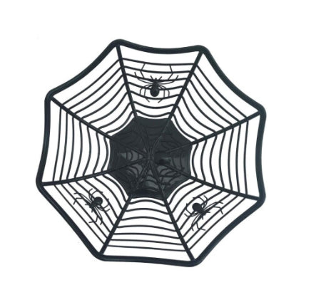 Black Amscan spider web pattern plastic serving bowl measuring 33cm, filled with Halloween candies on a dark wood party table.
