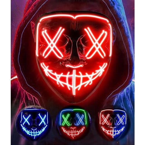 Glow in the dark green neon LED stitched mask worn in pitch black darkness showing realistic light-up cross eyes and jagged mouth details.