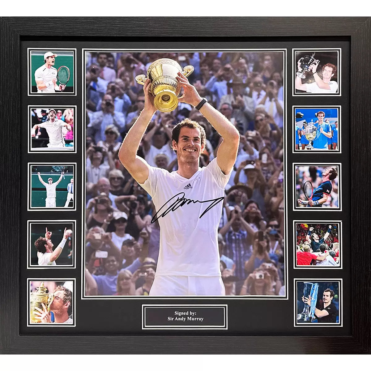 A professionally framed action photograph of Sir Andy Murray, autographed in clear, vibrant ink, presented in a high-clarity exhibition display case.