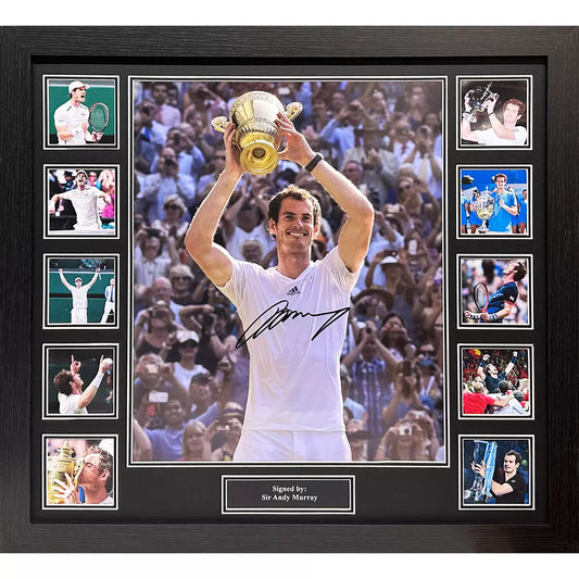A professionally framed action photograph of Sir Andy Murray, autographed in clear, vibrant ink, presented in a high-clarity exhibition display case.