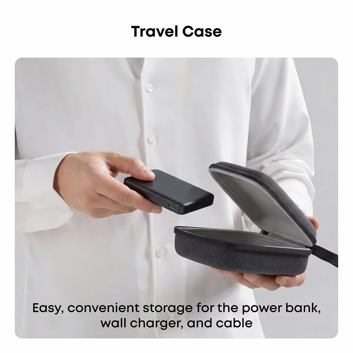 Flat lay of the matte black Anker MagGo Travel Kit displaying the ultra-slim 10k magnetic power bank, 40W wall charger with US, UK, and EU plugs, USB-C cable, and zip travel case on a dark desk.