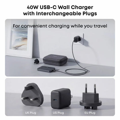 Flat lay of the matte black Anker MagGo Travel Kit displaying the ultra-slim 10k magnetic power bank, 40W wall charger with US, UK, and EU plugs, USB-C cable, and zip travel case on a dark desk.