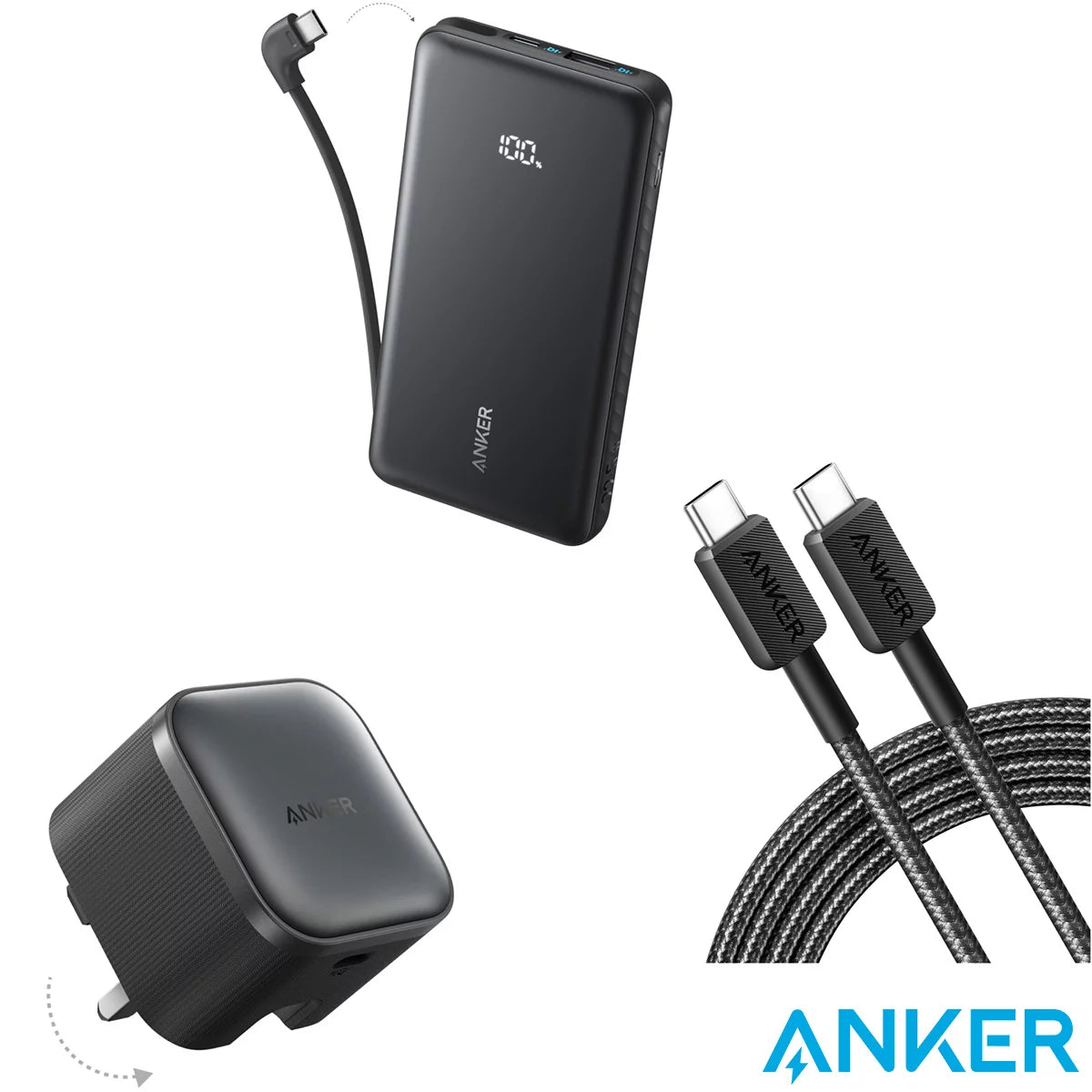 A side-by-side layout of the matte black Anker Nano 45W foldable wall plug, the Zolo 10,000mAh power bank showing its digital status screen, and the coiled 0.9m braided USB-C cable arranged neatly on a modern concrete desk workspace.