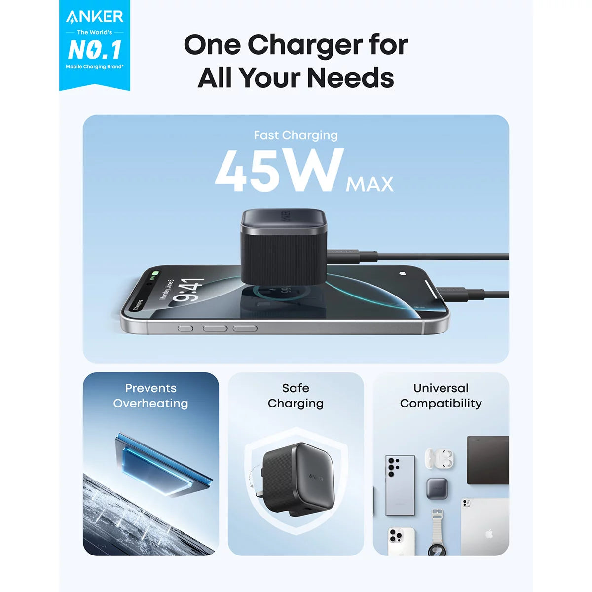 Two ultra-compact black Anker Nano 45W chargers showing their foldable metal pins, resting side-by-side on a modern office desk.