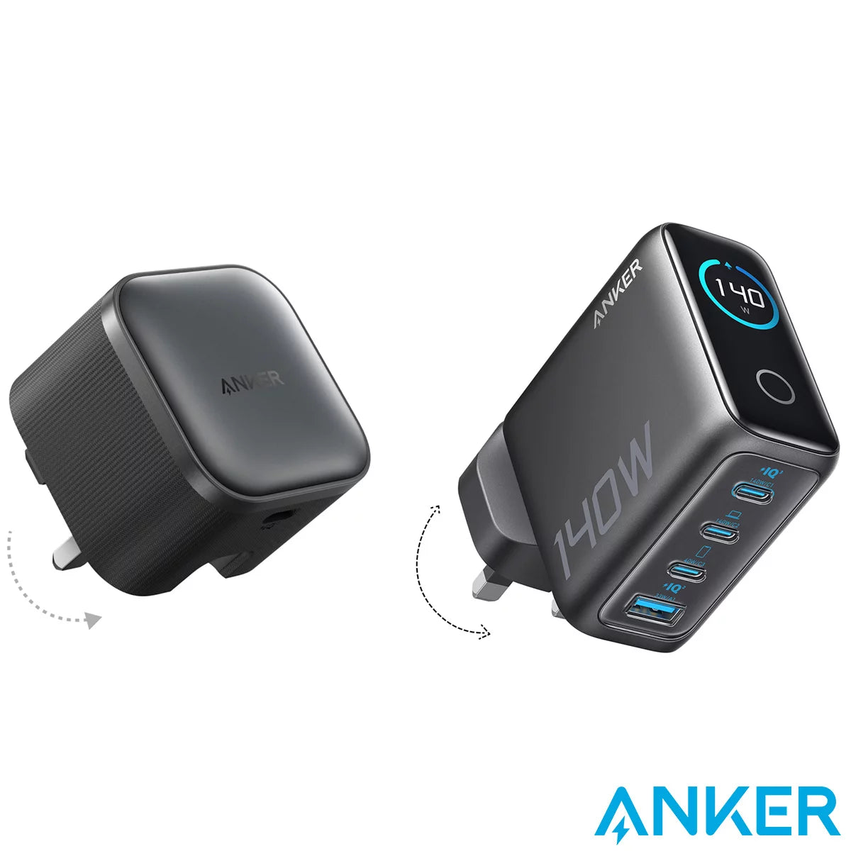 Front view of the black Anker Prime 140W charger displaying its glowing blue HD color screen next to the compact matte black Anker Nano 45W charger with its prongs folded in on a clean grey studio surface.