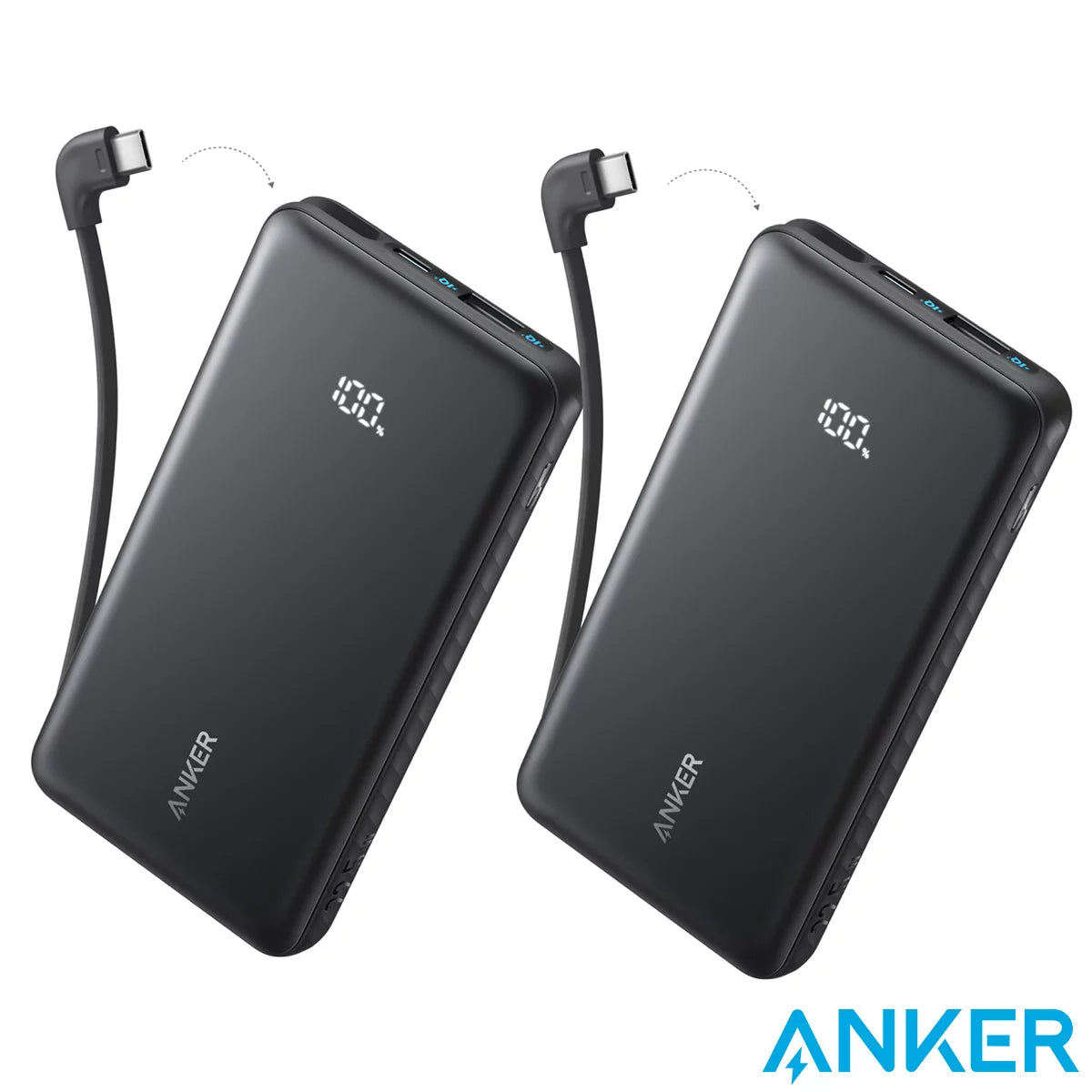 A matching pair of sleek black Anker Zolo 10,000mAh power banks, showcasing their integrated green and grey USB-C cables looped as carrying straps on a marble desk.