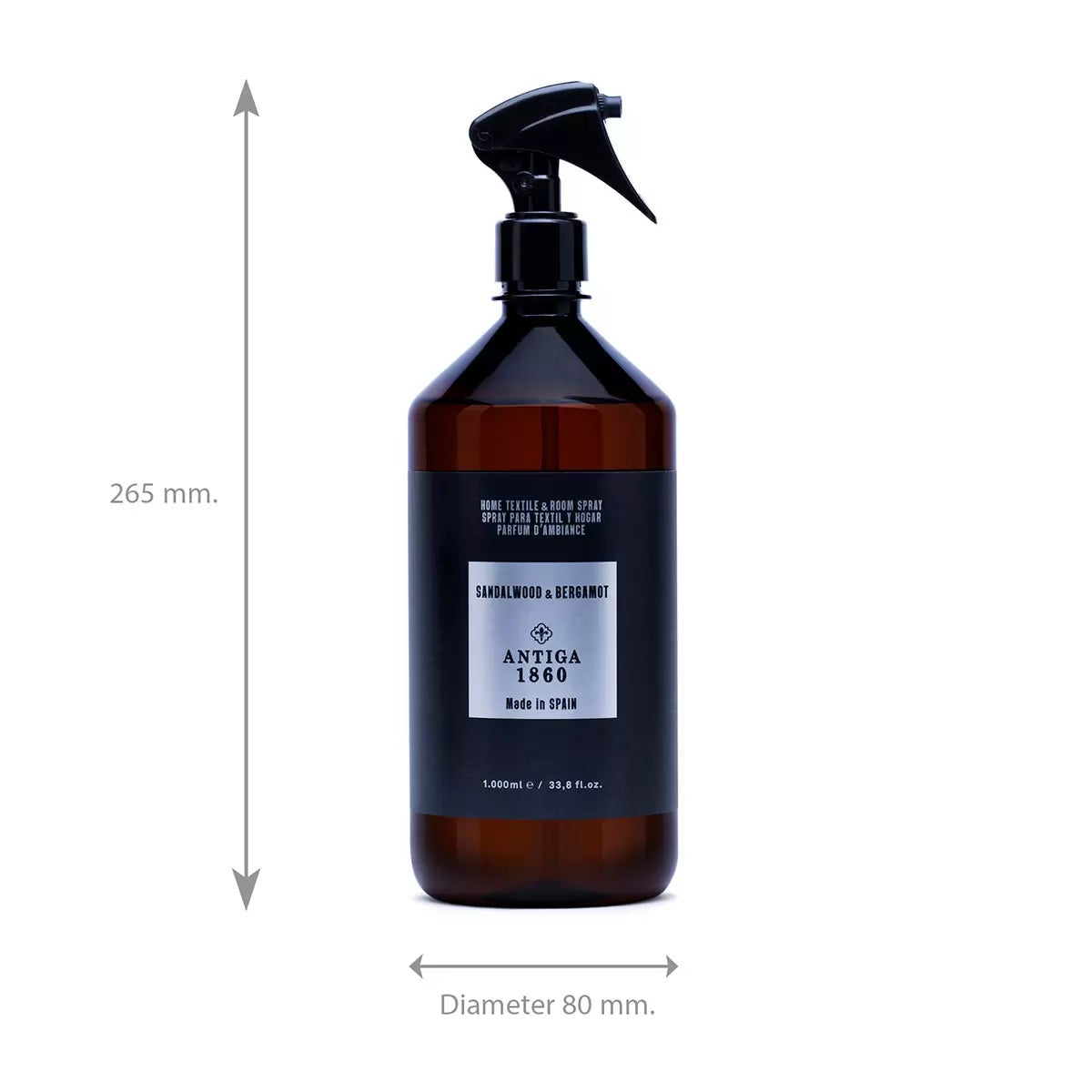 Front view of the 1 Litre Antiga 1860 Home Textile and Room Spray plastic bottle alongside its tall black luxury gift box on a clean surface.