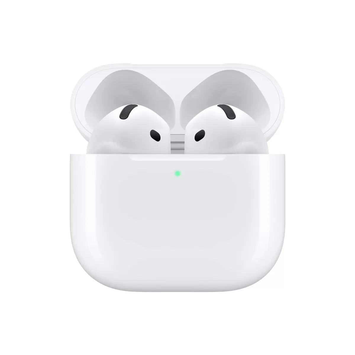 A front-facing product shot of the white Apple AirPods 4 wireless earbuds standing upright directly inside their opened, compact white USB-C charging case on a polished slate surface.