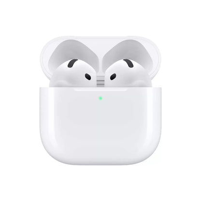 A front-facing product shot of the white Apple AirPods 4 wireless earbuds standing upright directly inside their opened, compact white USB-C charging case on a polished slate surface.