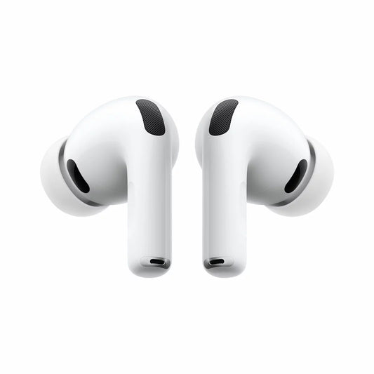 A high-resolution profile view of a single white Apple AirPods Pro 3rd Generation earbud showcasing the black acoustic vent mesh, side touch control stem, and the soft silicone ear tip.