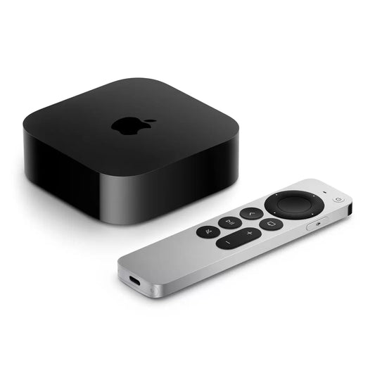 Apple TV 4K 128GB MN893B/A sleek black set-top box with Siri Remote and Ethernet port.
