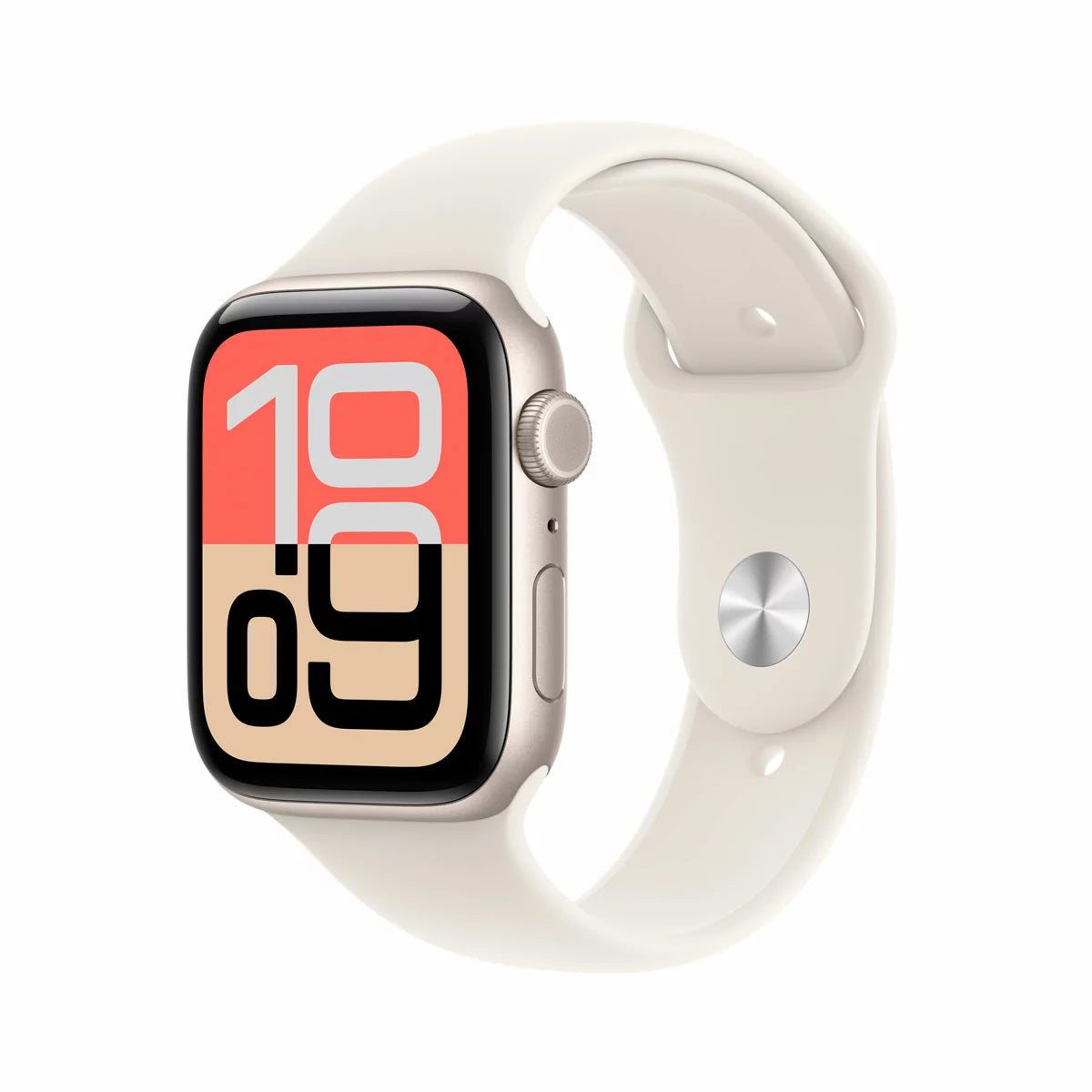 Front view of the Apple Watch SE 3 40mm Starlight Aluminium Case with matching Starlight Sport Band displaying the Vitals app on the Always-On screen.