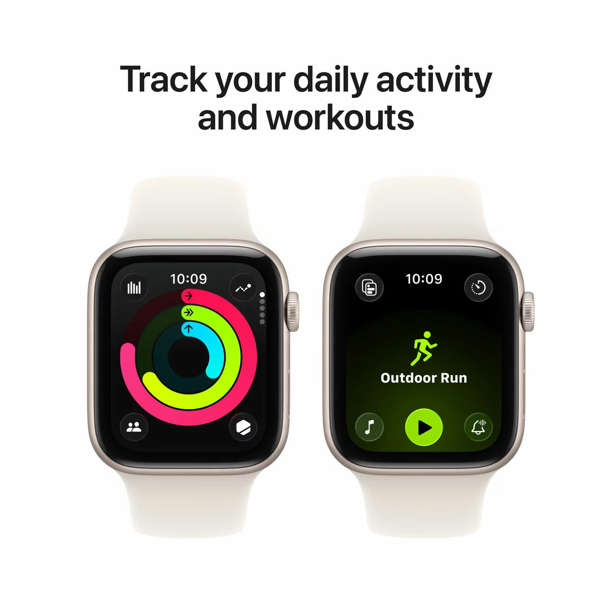 Front view of the Apple Watch SE 3 40mm Starlight Aluminium Case with matching Starlight Sport Band displaying the Vitals app on the Always-On screen.