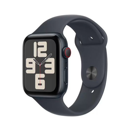 Apple Watch SE GPS and Cellular 44mm Midnight Aluminium Case with Midnight Sport Band for fitness tracking activity monitoring and smart connectivity