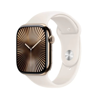 Front view of the Apple Watch Series 10 featuring a 46mm gold titanium case with a Starlight sport band displayed on a dark sleek surface.