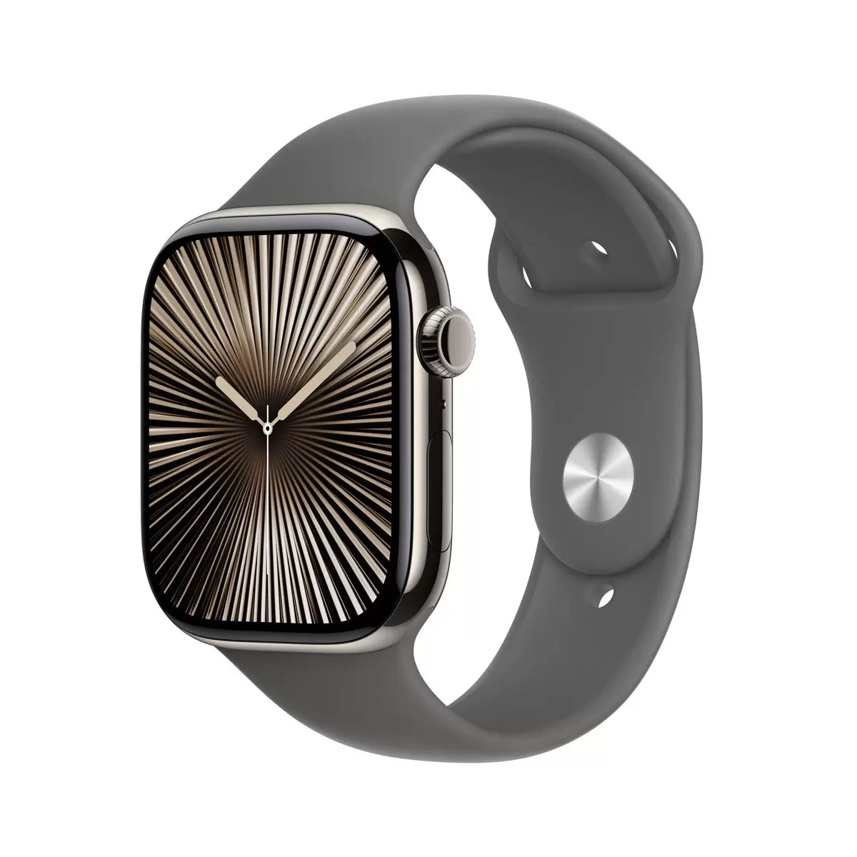 Front view of the Apple Watch Series 10 featuring a 46mm gold titanium case with a Starlight sport band displayed on a dark sleek surface.