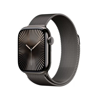 Front view of the Apple Watch Series 10 featuring a 46mm gold titanium case with a Starlight sport band displayed on a dark sleek surface.
