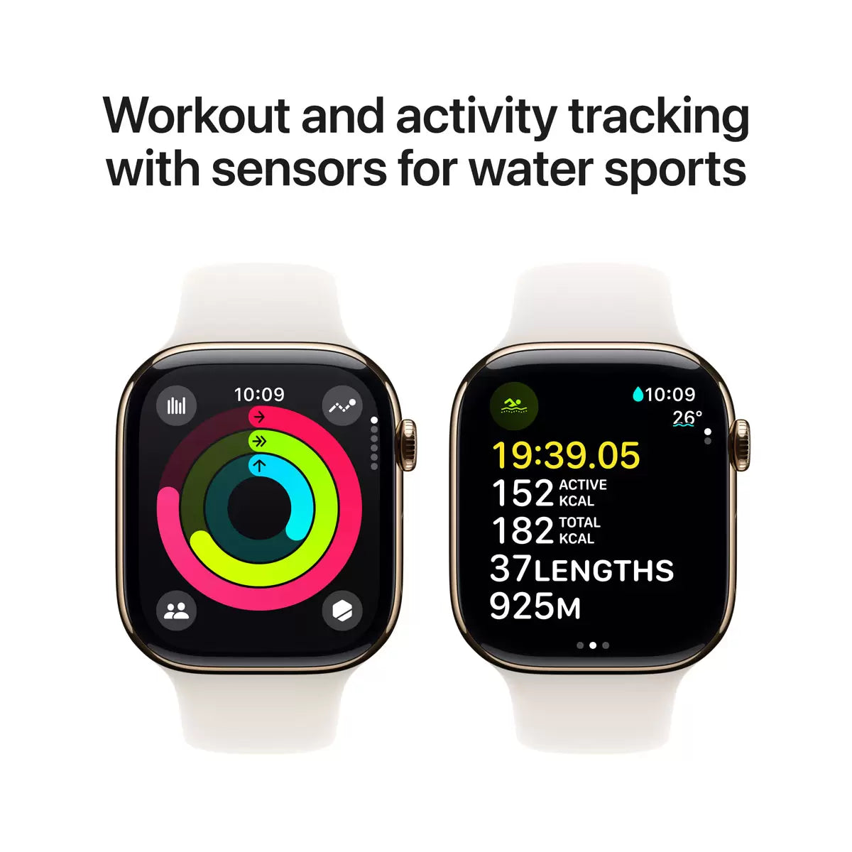 Front view of the Apple Watch Series 10 featuring a 46mm gold titanium case with a Starlight sport band displayed on a dark sleek surface.