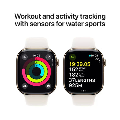 Front view of the Apple Watch Series 10 featuring a 46mm gold titanium case with a Starlight sport band displayed on a dark sleek surface.