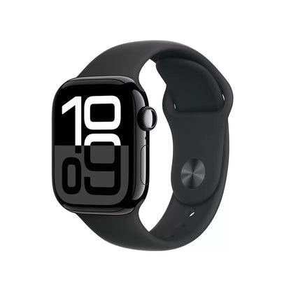 Front profile view of the Apple Watch Series 10 42mm black aluminium case with black sport band resting on a dark reflective surface displaying active health metrics.