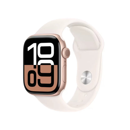 Front profile view of the Apple Watch Series 10 42mm black aluminium case with black sport band resting on a dark reflective surface displaying active health metrics.