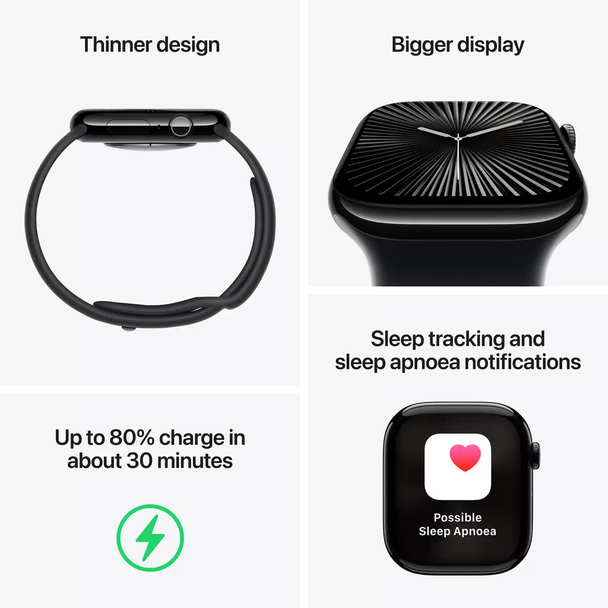 Front profile view of the Apple Watch Series 10 42mm black aluminium case with black sport band resting on a dark reflective surface displaying active health metrics.