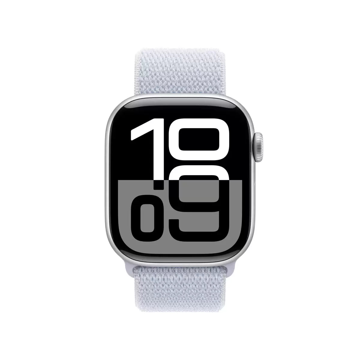 Front view of the 42mm Silver Aluminium Apple Watch Series 10 displaying a colorful watch face, fitted with a soft Blue Cloud Sport Band against a clean white backdrop.