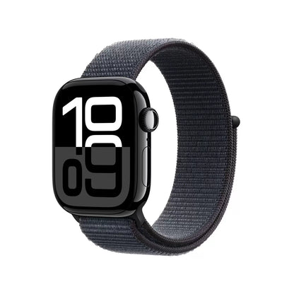 Front view of the 42mm Silver Aluminium Apple Watch Series 10 displaying a colorful watch face, fitted with a soft Blue Cloud Sport Band against a clean white backdrop.