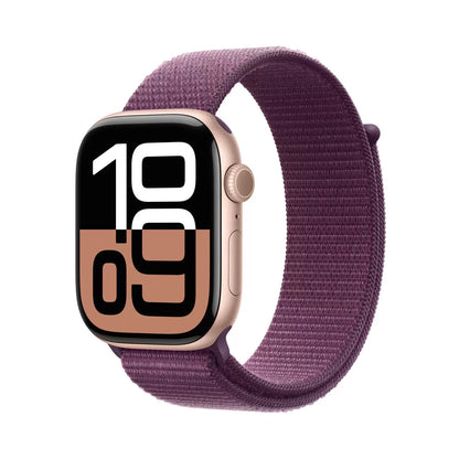 Front view of the 42mm Silver Aluminium Apple Watch Series 10 displaying a colorful watch face, fitted with a soft Blue Cloud Sport Band against a clean white backdrop.