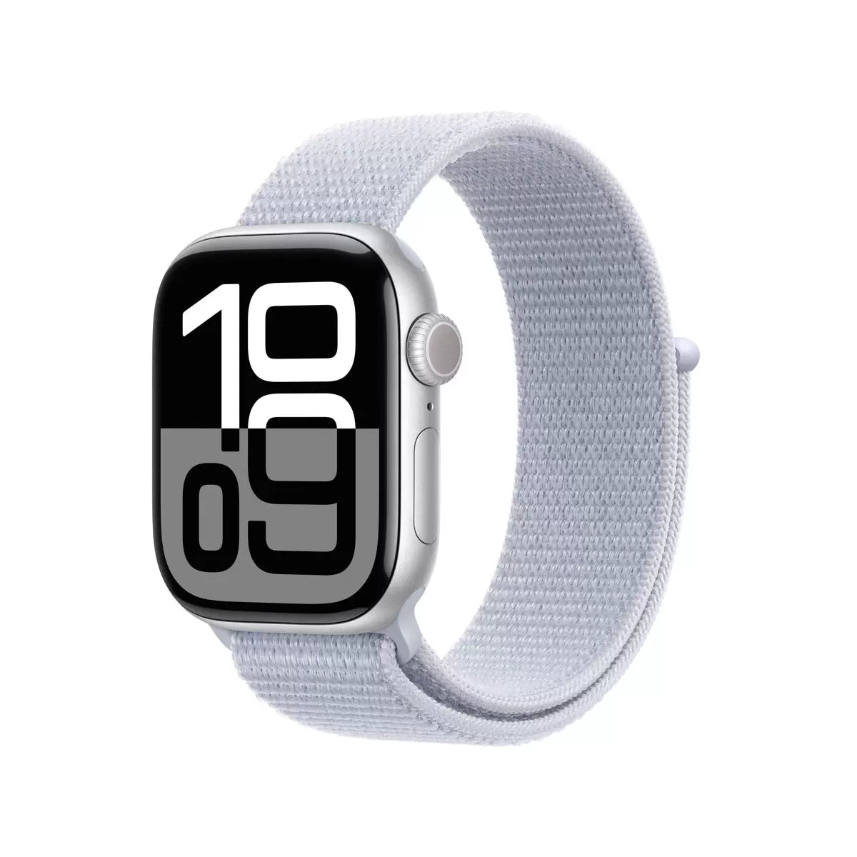 Front view of the 42mm Silver Aluminium Apple Watch Series 10 displaying a colorful watch face, fitted with a soft Blue Cloud Sport Band against a clean white backdrop.