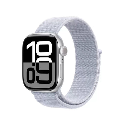 Front view of the 42mm Silver Aluminium Apple Watch Series 10 displaying a colorful watch face, fitted with a soft Blue Cloud Sport Band against a clean white backdrop.