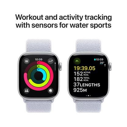 Apple Watch Series 10 GPS and Cellular 42mm Silver Aluminium Case with Blue Cloud Sport Band for fitness tracking health monitoring and smart connectivity
