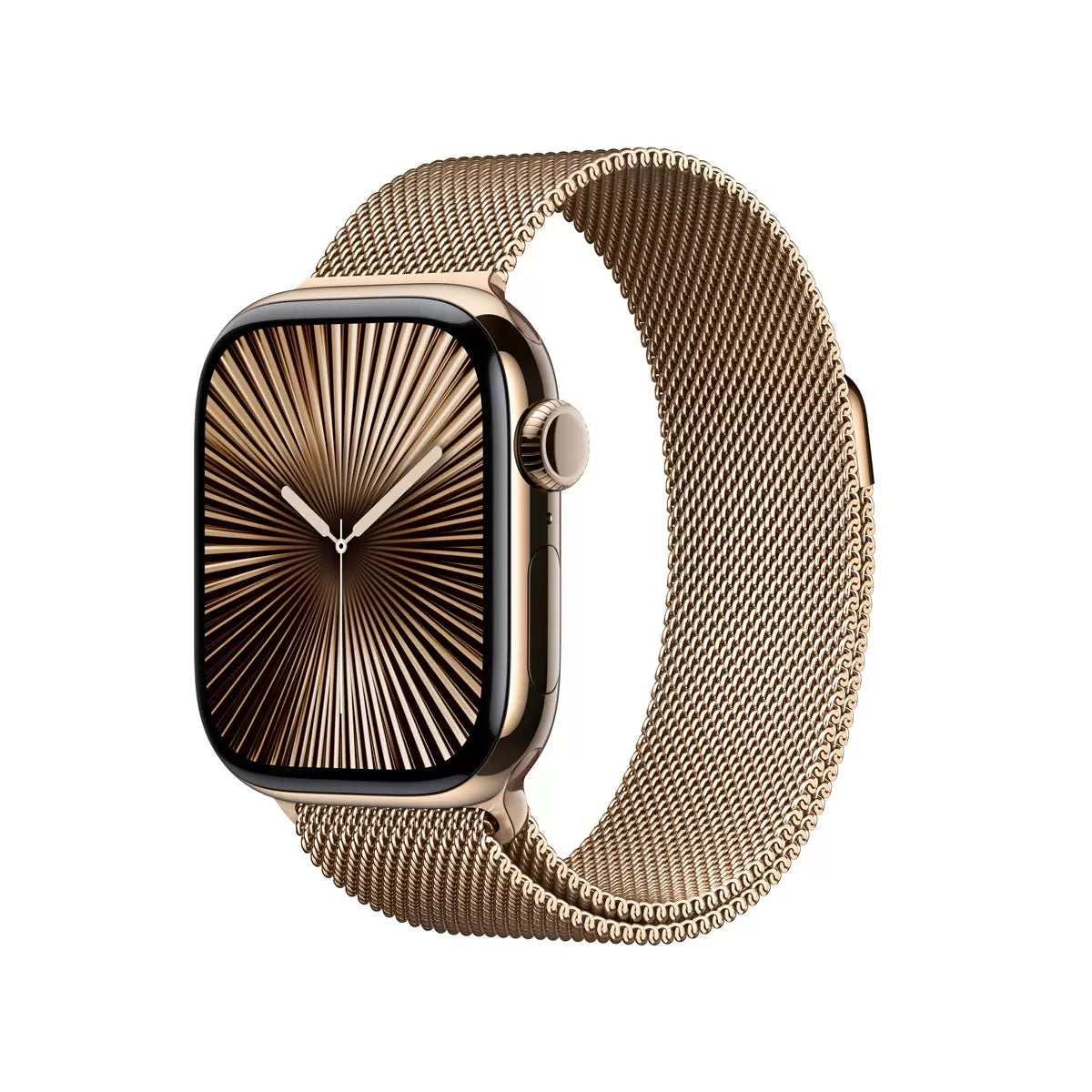 Top-angle studio shot of the Apple Watch Series 10 featuring a 46mm gold titanium case and matching gold woven Milanese loop band on a dark textured background.