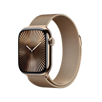Top-angle studio shot of the Apple Watch Series 10 featuring a 46mm gold titanium case and matching gold woven Milanese loop band on a dark textured background.