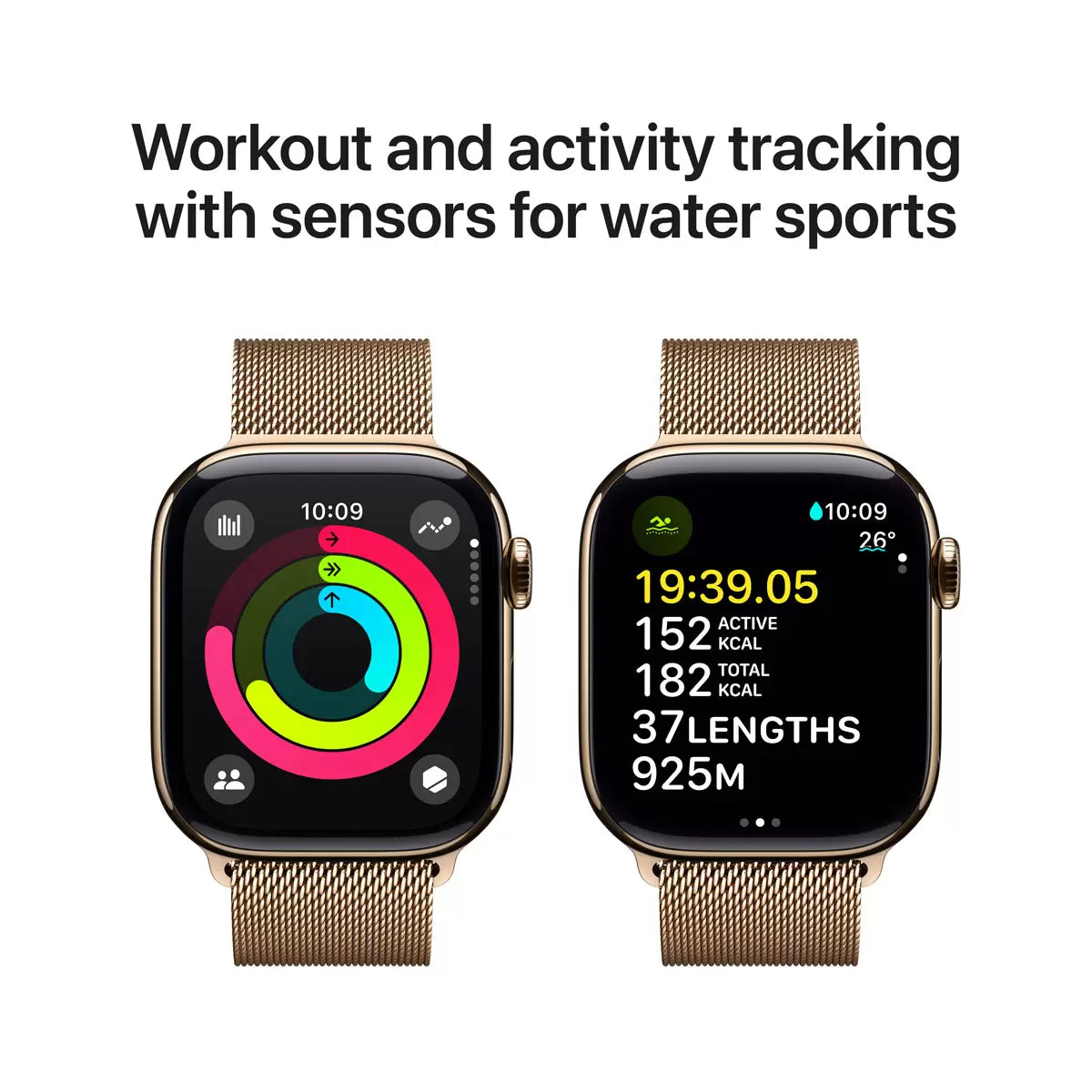Top-angle studio shot of the Apple Watch Series 10 featuring a 46mm gold titanium case and matching gold woven Milanese loop band on a dark textured background.