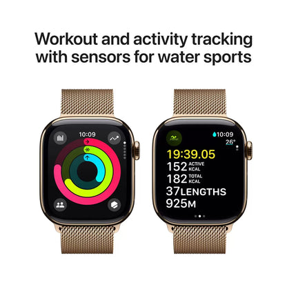 Top-angle studio shot of the Apple Watch Series 10 featuring a 46mm gold titanium case and matching gold woven Milanese loop band on a dark textured background.