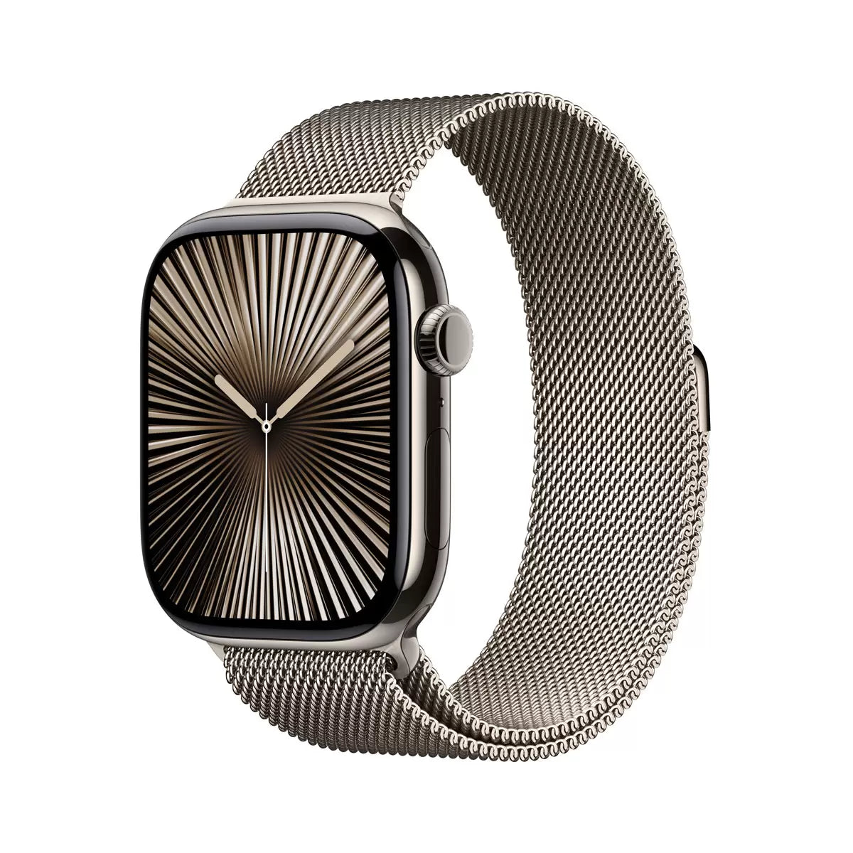 Top-angle studio shot of the Apple Watch Series 10 featuring a 46mm gold titanium case and matching gold woven Milanese loop band on a dark textured background.