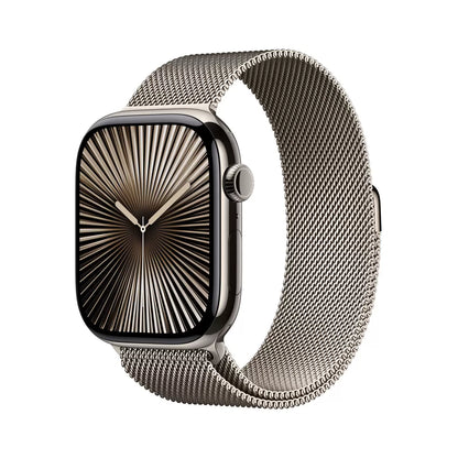 Top-angle studio shot of the Apple Watch Series 10 featuring a 46mm gold titanium case and matching gold woven Milanese loop band on a dark textured background.