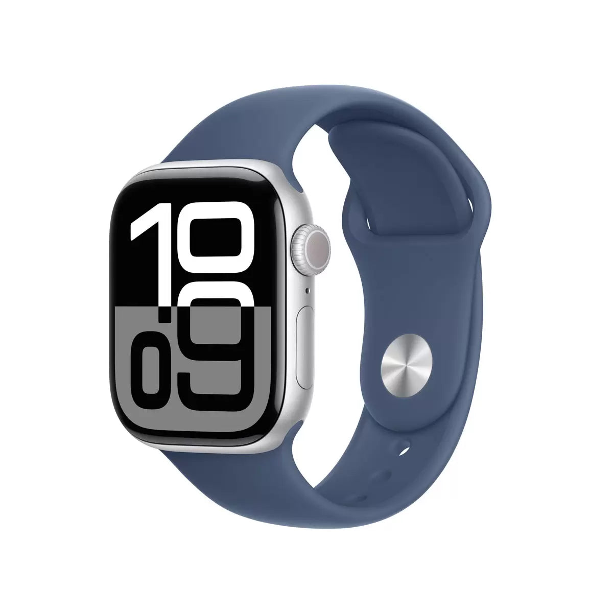 Front view of Apple Watch Series 10 featuring a 42mm Rose Gold aluminium case and soft Blush Sport Band displayed against a clean backdrop.