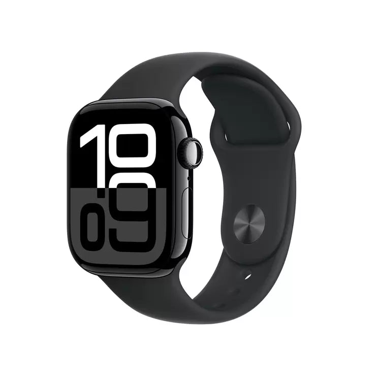 Front view of Apple Watch Series 10 featuring a 42mm Rose Gold aluminium case and soft Blush Sport Band displayed against a clean backdrop.