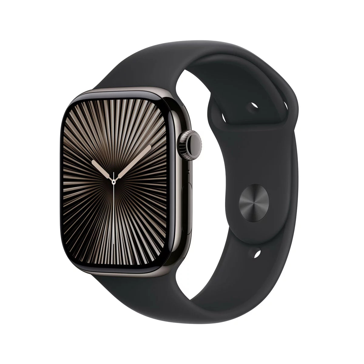 Front angle of the 42mm Apple Watch Series 10 featuring a dark slate titanium case and black sport band displayed against a modern neutral background.