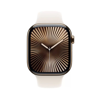 Front angle of the 42mm Apple Watch Series 10 featuring a dark slate titanium case and black sport band displayed against a modern neutral background.